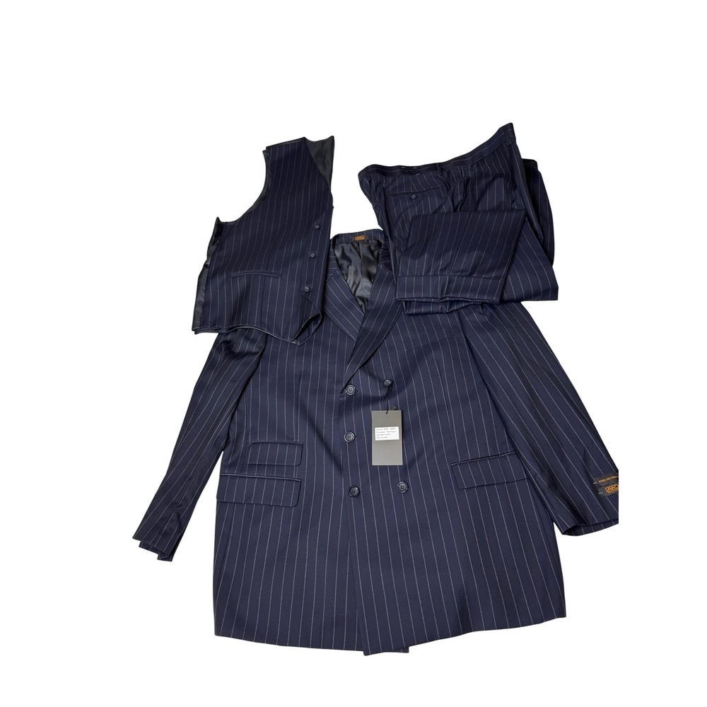 Apollo King Mens 52R Navy Pinstripe Super 150s Wool 3 Piece Double Breasted Suit